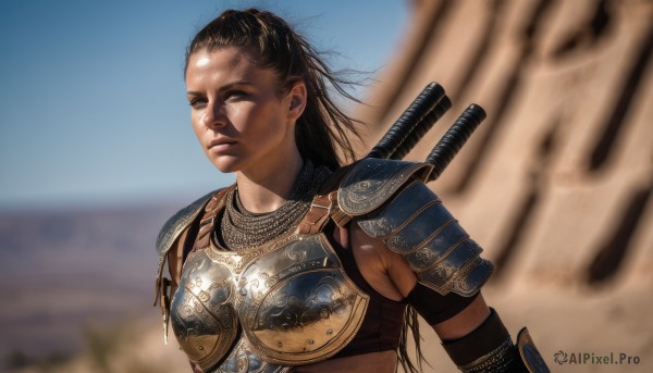 1girl,solo,long hair,black hair,closed mouth,upper body,weapon,outdoors,sky,day,sword,dark skin,armor,blurry,lips,blurry background,shoulder armor,messy hair,pauldrons,breastplate,realistic,bikini armor,dirty,weapon on back,desert,chainmail,dark-skinned female,scar,nose,sand