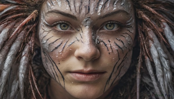 1girl,solo,looking at viewer,brown eyes,closed mouth,green eyes,yellow eyes,lips,eyelashes,feathers,portrait,close-up,freckles,realistic,straight-on,eye focus,smile,brown hair,male focus,mole,facial mark,mole under mouth,mole on cheek