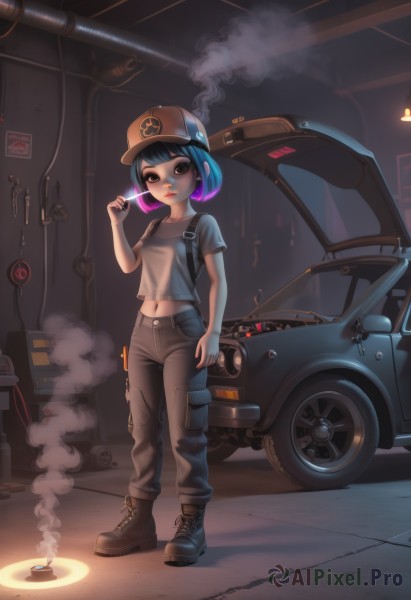 1girl,solo,breasts,looking at viewer,short hair,bangs,shirt,black hair,hat,navel,holding,brown eyes,blue hair,standing,full body,purple hair,short sleeves,multicolored hair,small breasts,boots,midriff,pants,bag,black footwear,black eyes,two-tone hair,lips,crop top,gradient hair,brown footwear,backpack,blue shirt,ground vehicle,baseball cap,grey shirt,motor vehicle,cross-laced footwear,smoke,cigarette,smoking,car,brown pants,jewelry,closed mouth,earrings,artist name,hand up,makeup,glowing,t-shirt,pocket,colored inner hair,lace-up boots,midriff peek,wrench,wheel