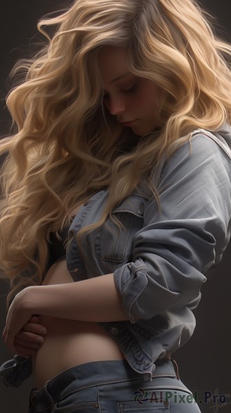 1girl,solo,long hair,blonde hair,simple background,closed mouth,jacket,closed eyes,open clothes,midriff,pants,artist name,signature,from side,open jacket,lips,eyelashes,wavy hair,looking down,denim,black background,cropped jacket,jeans,realistic,unbuttoned,dark background,denim jacket,upper body,profile,sleeves rolled up,nose,hands on own stomach