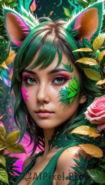 1girl,solo,breasts,looking at viewer,short hair,bangs,animal ears,cleavage,bare shoulders,jewelry,medium breasts,closed mouth,green eyes,upper body,flower,multicolored hair,earrings,green hair,sleeveless,artist name,cat ears,medium hair,two-tone hair,lips,animal ear fluff,eyelashes,gradient hair,makeup,rose,leaf,watermark,facial mark,plant,lipstick,portrait,web address,pink flower,eyeshadow,freckles,pink lips,realistic,nose,eyeliner,facepaint,vines,pink rose,mascara,blurry,petals