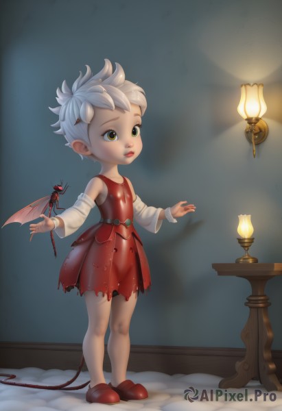 1girl,solo,short hair,dress,bare shoulders,green eyes,standing,tail,full body,yellow eyes,white hair,grey hair,detached sleeves,wings,horns,shoes,pointy ears,indoors,torn clothes,red dress,table,demon girl,bat wings,demon horns,red footwear,demon tail,demon wings,lamp,candle,hair ornament,brown eyes,sleeveless,lips,heterochromia,bug,child,freckles