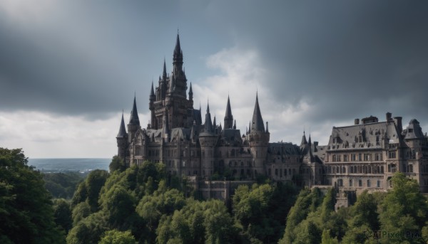 outdoors,sky,day,cloud,water,tree,blue sky,no humans,ocean,sunlight,cloudy sky,building,nature,scenery,forest,fantasy,castle,tower,landscape,bird,horizon