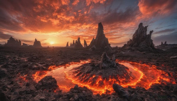 outdoors, sky, cloud, no humans, cloudy sky, fire, scenery, sunset, mountain, landscape, molten rock