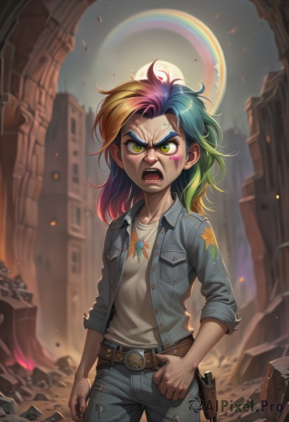 1girl,solo,long hair,breasts,looking at viewer,open mouth,blonde hair,shirt,long sleeves,green eyes,blue hair,standing,collarbone,jacket,white shirt,weapon,pink hair,multicolored hair,cowboy shot,small breasts,outdoors,green hair,open clothes,teeth,belt,pants,artist name,star (symbol),two-tone hair,open jacket,v-shaped eyebrows,gun,torn clothes,gradient hair,watermark,facial mark,denim,sharp teeth,blue jacket,web address,angry,buckle,handgun,sleeves rolled up,clenched hands,personification,freckles,pocket,jeans,belt buckle,unbuttoned,blue pants,brown belt,breast pocket,holster,star print,facepaint,leather,ruins,rainbow,dirty,shouting,torn pants,deviantart username,torn jeans,denim jacket,rainbow hair,short hair,jewelry,yellow eyes,signature,medium hair,necklace,lips,makeup,fangs,lipstick,genderswap,injury,sleeves pushed up,cuts,debris,2016,dirty face,rubble