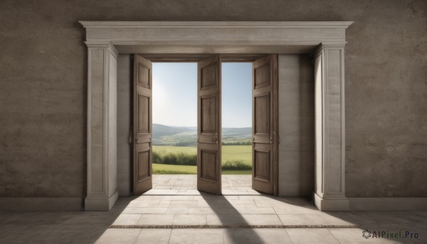 outdoors,sky,day,cloud,blue sky,no humans,window,shadow,watermark,grass,scenery,mountain,door,road,wall,pillar,path,column,indoors,landscape