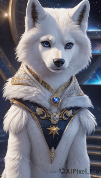 solo,looking at viewer,blue eyes,jewelry,upper body,sky,signature,star (symbol),no humans,animal,brooch,gem,star (sky),starry sky,fur collar,gold trim,realistic,animal focus,white fur,blue gemstone,constellation,clothed animal,fluffy,dress,closed mouth,fur trim,space,wolf