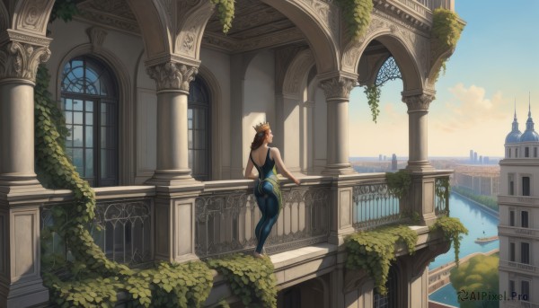 1girl,solo,long hair,breasts,looking at viewer,smile,blue eyes,blonde hair,large breasts,brown hair,dress,bare shoulders,standing,ass,outdoors,horns,sky,barefoot,day,pointy ears,looking back,pants,cloud,water,from behind,tree,blue sky,window,bodysuit,bird,plant,building,scenery,backless outfit,railing,wide shot,pillar,balcony,column,short hair,1boy,bare arms,bridge