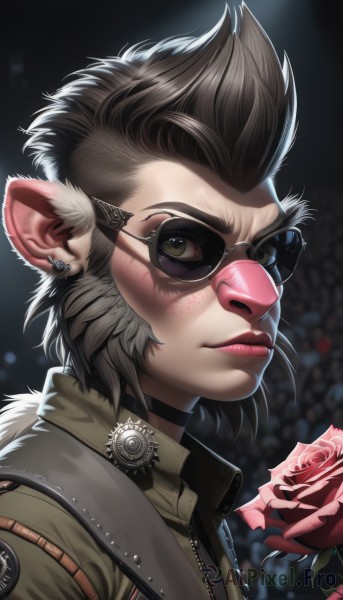 1girl,solo,looking at viewer,short hair,brown hair,black hair,holding,animal ears,brown eyes,jewelry,green eyes,jacket,upper body,flower,earrings,glasses,choker,lips,eyelashes,makeup,rose,black choker,piercing,sunglasses,spiked hair,goggles,red flower,ear piercing,portrait,freckles,red rose,nose,holding flower,tinted eyewear,pointy ears,artist name,signature,blurry,from side,blurry background,scar,thick eyebrows,close-up,zipper,backlighting,facepaint,aviator sunglasses