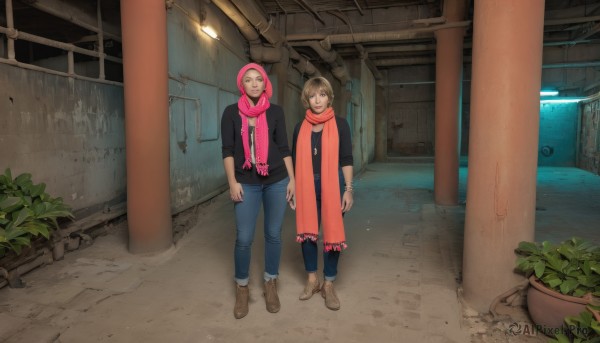 1girl,looking at viewer,smile,short hair,brown hair,shirt,1boy,brown eyes,jewelry,standing,boots,outdoors,shoes,pants,hood,necklace,scarf,bracelet,black shirt,hoodie,brown footwear,plant,denim,walking,red scarf,jeans,arms at sides,blue pants,potted plant,pink scarf,industrial pipe,alley,multiple girls,2girls,shared clothes,shared scarf