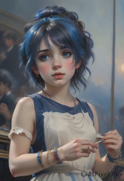 1girl,solo,blush,short hair,bangs,blue eyes,shirt,black hair,dress,holding,bare shoulders,jewelry,blue hair,hair ribbon,upper body,multicolored hair,hairband,earrings,parted lips,multiple boys,sleeveless,solo focus,artist name,indoors,necklace,white dress,blurry,apron,bracelet,lips,looking to the side,sleeveless dress,blurry background,blue dress,watermark,looking away,ring,blue ribbon,armlet,realistic,nose,red lips,blue hairband,looking at viewer,ribbon,nail polish,streaked hair,eyelashes,makeup,freckles,cigarette,smoking,arm garter,holding cigarette