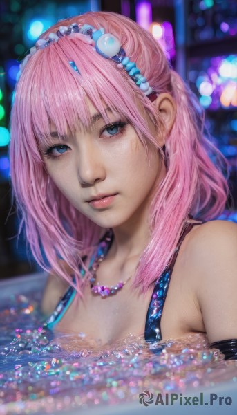 1girl,solo,long hair,breasts,looking at viewer,bangs,blue eyes,hair ornament,cleavage,bare shoulders,jewelry,medium breasts,swimsuit,upper body,pink hair,hairband,medium hair,water,necklace,blurry,lips,blurry background,partially submerged,realistic,nose,pool,closed mouth,bikini,wet,eyelashes,depth of field,pearl necklace