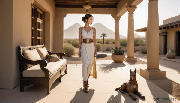 1girl,solo,breasts,short hair,black hair,dress,bare shoulders,jewelry,standing,boots,outdoors,sleeveless,day,belt,indoors,hair bun,white dress,dark-skinned female,pillow,bed,shadow,table,single hair bun,plant,scenery,couch,walking,dog,potted plant,brown hair,earrings,necklace,tree,lips,book,chair,vase,statue,carpet