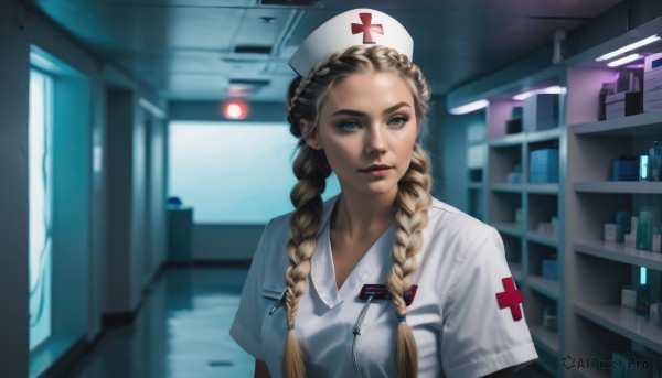 1girl,solo,long hair,breasts,looking at viewer,blue eyes,blonde hair,hat,upper body,braid,short sleeves,indoors,blurry,twin braids,lips,grey eyes,blurry background,cross,hair over shoulder,realistic,nose,nurse cap,red lips,nurse,red cross,brown hair,dress,medium breasts,closed mouth,collarbone,multicolored hair,parted lips,artist name,white dress,mole,two-tone hair,makeup,depth of field,thick eyebrows,mole under mouth,forehead,pink lips,name tag,ceiling,ceiling light