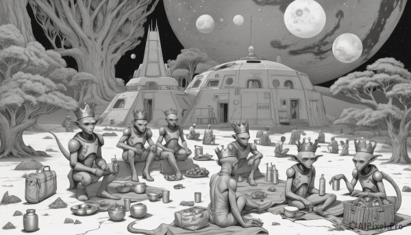 smile,open mouth,hat,holding,sitting,monochrome,greyscale,outdoors,food,multiple boys,sky,bag,tree,cup,night,fruit,moon,helmet,bottle,robot,instrument,star (sky),night sky,full moon,starry sky,6+boys,basket,indian style,picnic,barefoot,cloud,no humans,parody,backpack,plate,alcohol,picnic basket,campfire