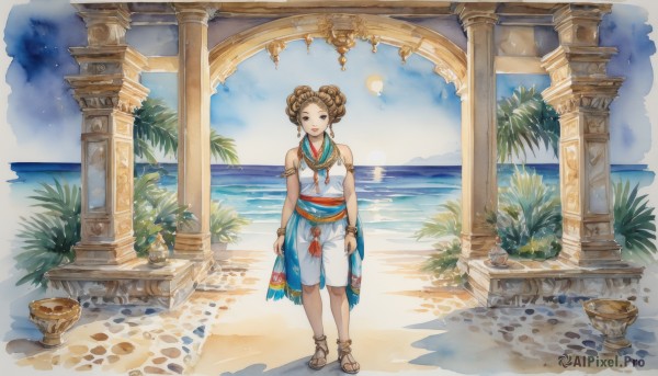 1girl,solo,long hair,looking at viewer,smile,blue eyes,brown hair,bare shoulders,brown eyes,jewelry,standing,full body,braid,earrings,outdoors,sky,shorts,sleeveless,day,cloud,water,necklace,hair bun,bracelet,tree,blue sky,sash,double bun,shadow,ocean,beach,sandals,plant,scenery,armlet,walking,sand,palm tree,horizon,bangle,potted plant,pillar,column,coconut,hair ornament,dress,holding,makeup,lipstick,anklet