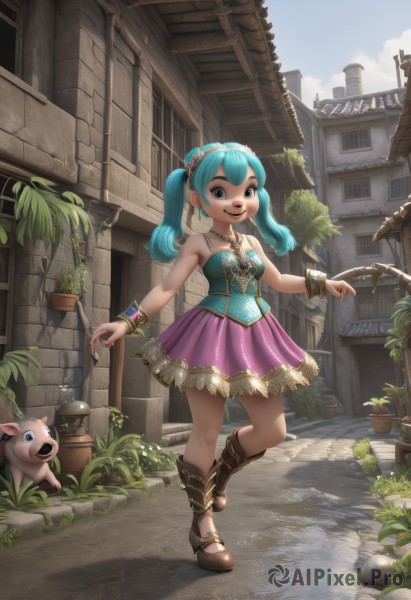 1girl,solo,long hair,breasts,looking at viewer,smile,open mouth,blue eyes,skirt,hair ornament,dress,bare shoulders,twintails,jewelry,medium breasts,blue hair,standing,full body,earrings,boots,outdoors,sky,shoes,sleeveless,day,cloud,signature,necklace,nail polish,bracelet,lips,aqua hair,animal,watermark,brown footwear,standing on one leg,plant,building,child,red nails,web address,pendant,pink skirt,walking,city,potted plant,road,house,pig,pavement,flower,:d,hairband,teeth,artist name,hair flower,wrist cuffs,window,sandals,grass,stairs,fantasy,bangle,town,watering can