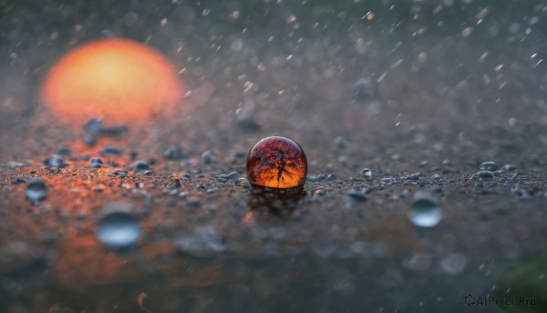 outdoors, sky, cloud, blurry, no humans, depth of field, scenery, rain, sun