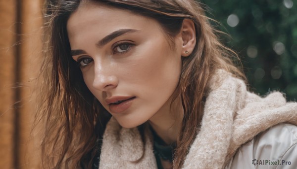 1girl,solo,long hair,looking at viewer,brown hair,jewelry,earrings,parted lips,teeth,scarf,blurry,black eyes,lips,coat,grey eyes,eyelashes,depth of field,blurry background,portrait,snow,freckles,realistic,nose,winter clothes,stud earrings,brown eyes,thick eyebrows,close-up,white scarf