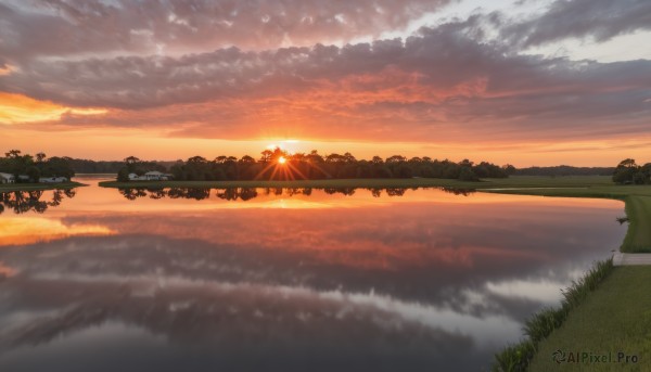 outdoors,sky,cloud,water,tree,no humans,sunlight,cloudy sky,grass,nature,scenery,reflection,sunset,mountain,sun,horizon,river,landscape,lake,orange sky,bird,ground vehicle,motor vehicle,lens flare,light rays,road,evening,reflective water