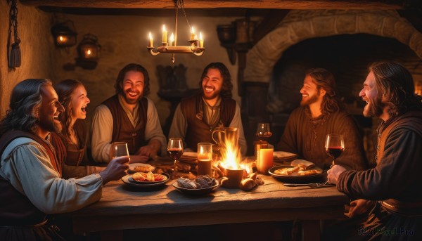 long hair,smile,open mouth,multiple girls,brown hair,shirt,black hair,long sleeves,holding,jewelry,sitting,closed eyes,grey hair,earrings,food,multiple boys,indoors,hood,necklace,vest,cup,profile,facial hair,chair,eating,table,bottle,fire,knife,beard,plate,alcohol,drinking glass,6+boys,4boys,mustache,fork,candle,5boys,laughing,wine glass,bread,old,wine,meat,1girl,2girls,signature,mug,fantasy