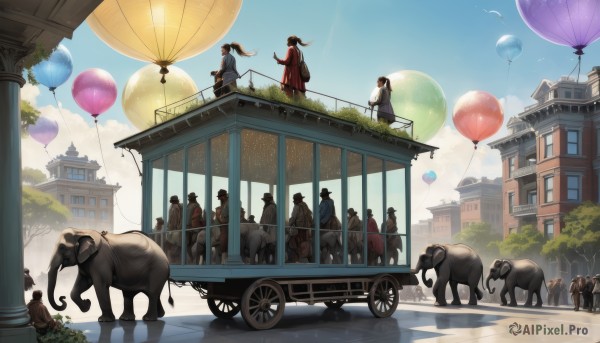 1girl,long hair,short hair,multiple girls,brown hair,black hair,hat,dress,standing,outdoors,japanese clothes,multiple boys,sky,day,cloud,kimono,bag,scarf,tree,blue sky,bird,animal,ground vehicle,building,scenery,motor vehicle,6+boys,robe,fantasy,railing,balloon,bridge,horse,people,cow,holding balloon,sitting,ponytail,weapon,city,aircraft,riding