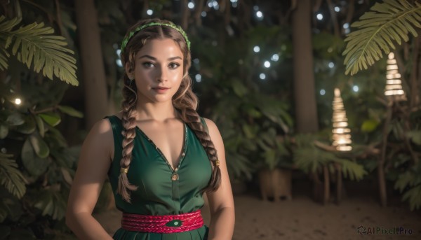 1girl,solo,long hair,breasts,looking at viewer,smile,brown hair,dress,cleavage,bare shoulders,brown eyes,jewelry,medium breasts,closed mouth,collarbone,upper body,braid,outdoors,sleeveless,blurry,twin braids,tree,lips,sash,bare arms,sleeveless dress,depth of field,blurry background,leaf,plant,nature,hair over shoulder,green dress,realistic,nose