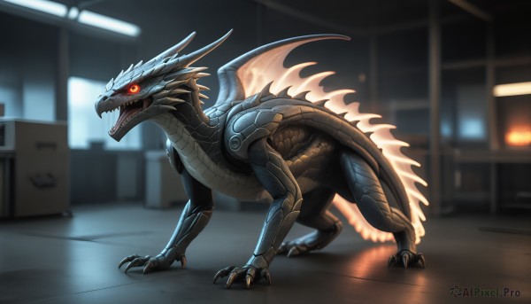 HQ,solo,open mouth,red eyes,tail,full body,wings,teeth,indoors,blurry,pokemon (creature),no humans,blurry background,glowing,fangs,sharp teeth,box,glowing eyes,claws,monster,dragon,scales,kaijuu