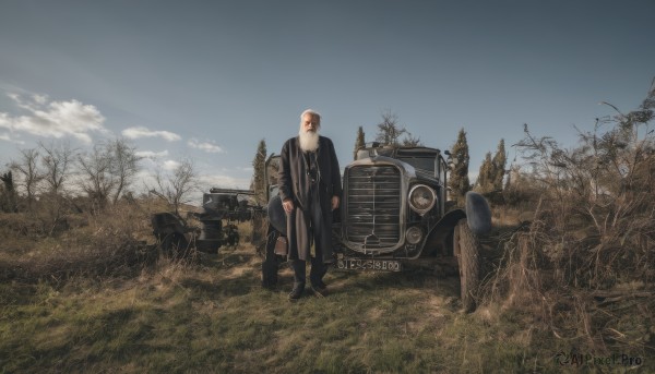 solo,black hair,1boy,hat,standing,jacket,male focus,outdoors,sky,day,pants,cloud,scarf,tree,blue sky,coat,facial hair,formal,suit,grass,ground vehicle,nature,scenery,motor vehicle,car,vehicle focus,bare tree,suitcase,holding,boots,black footwear,black jacket,beard,bald,old,old man