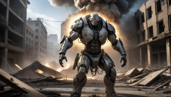 HQ,solo,red eyes,1boy,standing,weapon,outdoors,sky,day,armor,no humans,glowing,fire,robot,building,mecha,glowing eyes,smoke,science fiction,city,realistic,cable,explosion,ruins,damaged,open hands,power armor,debris,dust,destruction,rubble,looking at viewer,cloud,signature,battle,cityscape,power lines