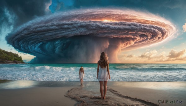 long hair, multiple girls, brown hair, dress, 2girls, outdoors, sky, barefoot, cloud, water, from behind, white dress, ocean, beach, scenery, sand