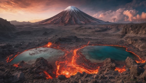 outdoors, sky, cloud, no humans, cloudy sky, fire, nature, scenery, mountain, landscape, molten rock