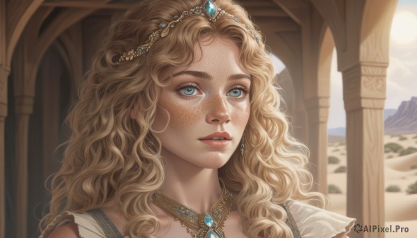 1girl,solo,long hair,looking at viewer,blue eyes,blonde hair,jewelry,earrings,outdoors,parted lips,sky,day,necklace,lips,wavy hair,sunlight,tiara,gem,portrait,freckles,curly hair,circlet,mountain,realistic,sun,hair ornament,teeth,cloud,blurry,eyelashes,looking away,nose,looking afar