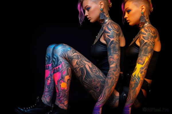 breasts,short hair,blue eyes,multiple girls,blonde hair,simple background,2girls,jewelry,medium breasts,sitting,weapon,pink hair,purple hair,multicolored hair,earrings,pants,hair bun,two-tone hair,lips,gun,tattoo,profile,makeup,siblings,black background,dual persona,eyeshadow,arm tattoo,symmetry,bangs,boots,choker,necklace,black footwear,from side,piercing,tank top,ear piercing,back-to-back,very short hair,black tank top,nose piercing,full-body tattoo