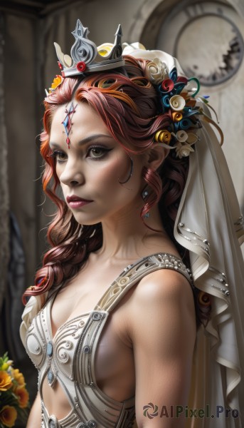 1girl,solo,long hair,breasts,brown hair,hair ornament,cleavage,bare shoulders,brown eyes,jewelry,upper body,flower,red hair,earrings,small breasts,pointy ears,blurry,from side,lips,eyelashes,sideboob,makeup,depth of field,blurry background,tiara,crown,lipstick,gem,veil,freckles,curly hair,realistic,nose,clock,dress,medium breasts,facial mark,cross,wedding dress,forehead mark,bridal veil,church