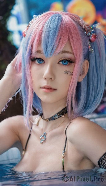 1girl,solo,breasts,looking at viewer,short hair,bangs,blue eyes,hair ornament,cleavage,bare shoulders,twintails,jewelry,medium breasts,closed mouth,blue hair,collarbone,swimsuit,upper body,pink hair,bikini,multicolored hair,choker,artist name,hand up,water,necklace,blurry,bracelet,two-tone hair,lips,eyelashes,tattoo,makeup,depth of field,blurry background,hair bobbles,gem,armlet,eyeshadow,partially submerged,beads,hand in own hair,realistic,nose,hand on own head,mascara,outdoors,black choker