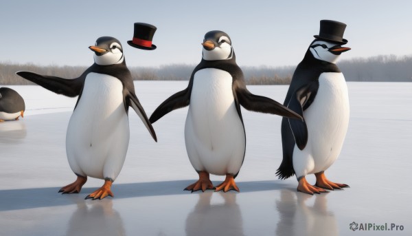 hat,standing,closed eyes,outdoors,day,bowtie,no humans,black headwear,bird,animal,snow,reflection,top hat,animal focus,penguin,duck,clothed animal,flock,looking at viewer,full body