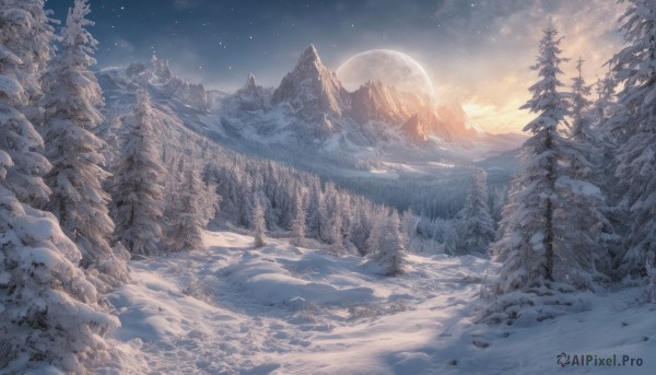 outdoors, sky, tree, no humans, night, moon, star (sky), nature, night sky, scenery, snow, full moon, forest, starry sky, mountain, winter, landscape