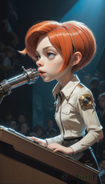 1girl,solo,breasts,short hair,open mouth,blue eyes,skirt,shirt,long sleeves,sitting,white shirt,red hair,hairband,small breasts,solo focus,tongue,shiny,collared shirt,belt,indoors,tongue out,nail polish,orange hair,blurry,uniform,from side,lips,grey eyes,makeup,depth of field,blurry background,lipstick,instrument,microphone,licking,freckles,realistic,nose,music,emblem,red lips,singing,badge,playing instrument,microphone stand,crowd,spotlight,jacket,sexually suggestive,paradis military uniform