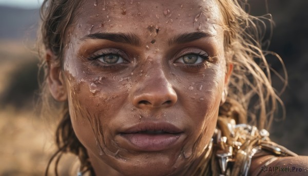 1girl,solo,long hair,looking at viewer,brown hair,brown eyes,parted lips,dark skin,blurry,lips,wet,eyelashes,depth of field,blurry background,thick eyebrows,portrait,close-up,realistic,nose,wet hair,smile,blonde hair,jewelry,sweat,teeth,freckles,dirty,gold,dirty face