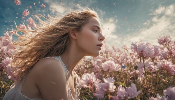 1girl, solo, long hair, blue eyes, blonde hair, dress, bare shoulders, upper body, flower, outdoors, parted lips, sky, sleeveless, day, cloud, blurry, from side, lips, petals, profile, depth of field, wind, realistic, nose, field, flower field