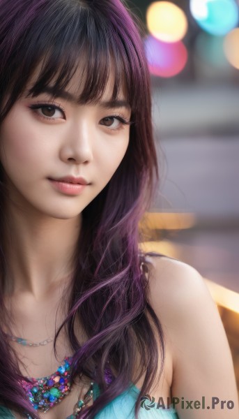 1girl,solo,long hair,breasts,looking at viewer,bangs,brown hair,black hair,cleavage,bare shoulders,brown eyes,jewelry,medium breasts,closed mouth,upper body,purple hair,necklace,blurry,lips,depth of field,blurry background,realistic,nose,shirt,outdoors,sleeveless,eyelashes,portrait,bokeh