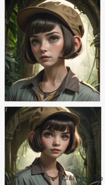 1girl,looking at viewer,blush,short hair,bangs,brown hair,shirt,black hair,hat,brown eyes,jewelry,closed mouth,green eyes,upper body,comic,parted lips,collared shirt,artist name,necklace,blurry,lips,multiple views,bob cut,blue shirt,plant,portrait,nature,freckles,realistic,nose,2koma,collarbone,day,blunt bangs,eyelashes,makeup,expressionless,sunlight,helmet,lipstick,red lips,split screen