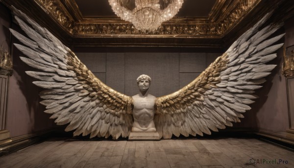 solo,1boy,sitting,male focus,nude,wings,indoors,kneeling,halo,feathered wings,seiza,angel wings,wooden floor,white wings,angel,statue,painting (object),multiple wings,spread wings,large wings,navel,no humans,shadow,candle,old,old man,picture frame