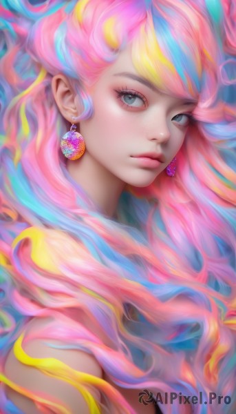 1girl,solo,long hair,looking at viewer,bangs,blue eyes,blonde hair,bare shoulders,jewelry,closed mouth,blue hair,upper body,pink hair,multicolored hair,earrings,two-tone hair,lips,streaked hair,eyelashes,makeup,portrait,eyeshadow,freckles,realistic,nose,rainbow hair,grey eyes,watermark,expressionless,web address