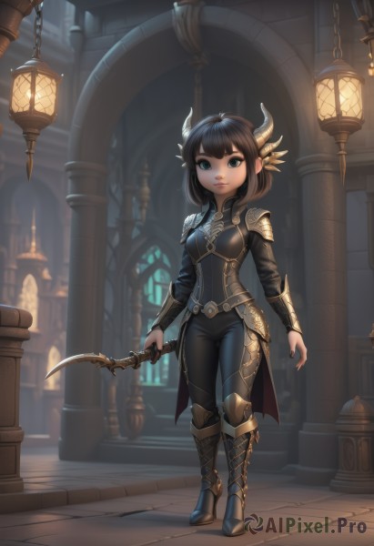 1girl,solo,breasts,looking at viewer,smile,short hair,bangs,blue eyes,brown hair,black hair,hair ornament,long sleeves,holding,closed mouth,standing,full body,weapon,small breasts,boots,horns,pointy ears,pants,sword,artist name,indoors,blunt bangs,medium hair,nail polish,holding weapon,armor,blurry,high heels,lips,bodysuit,black pants,knee boots,knife,shoulder armor,black nails,high heel boots,walking,pauldrons,lantern,breastplate,fantasy,vambraces,holding knife,armored boots,dagger,pillar,stone floor,green eyes,chain,dual wielding