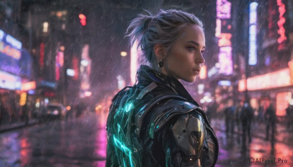 1girl, solo, short hair, blue eyes, jewelry, upper body, earrings, outdoors, parted lips, blurry, lips, night, science fiction, rain, realistic, nose, cyberpunk, neon lights