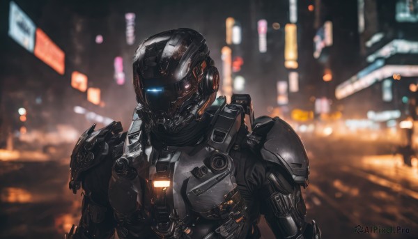 solo,looking at viewer,blue eyes,1boy,upper body,male focus,armor,blurry,depth of field,blurry background,glowing,heterochromia,helmet,shoulder armor,1other,science fiction,police,power armor,city lights,power suit,night,robot,city,lights,cyberpunk