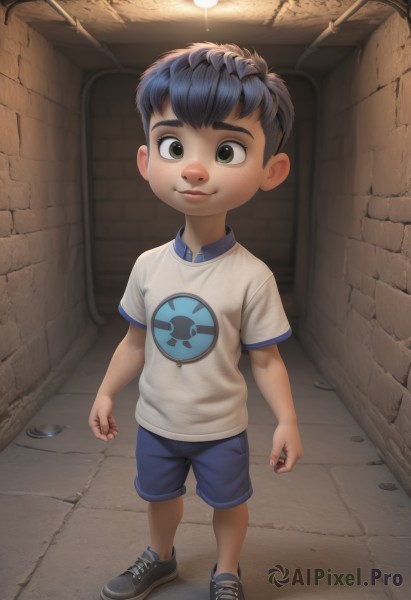 solo,looking at viewer,smile,short hair,shirt,black hair,1boy,green eyes,blue hair,standing,full body,white shirt,short sleeves,male focus,shoes,shorts,thick eyebrows,t-shirt,sneakers,child,clenched hands,blue shorts,male child,wall,print shirt,alley,artist name