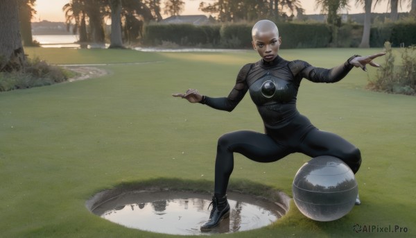 1girl,solo,looking at viewer,smile,short hair,1boy,full body,white hair,male focus,outdoors,shoes,dark skin,tree,bodysuit,squatting,grass,nature,ball,forest,reflection,realistic,black bodysuit,bald,very short hair,lake,buzz cut,balancing,water,black footwear,black eyes,parody,sneakers,fighting stance